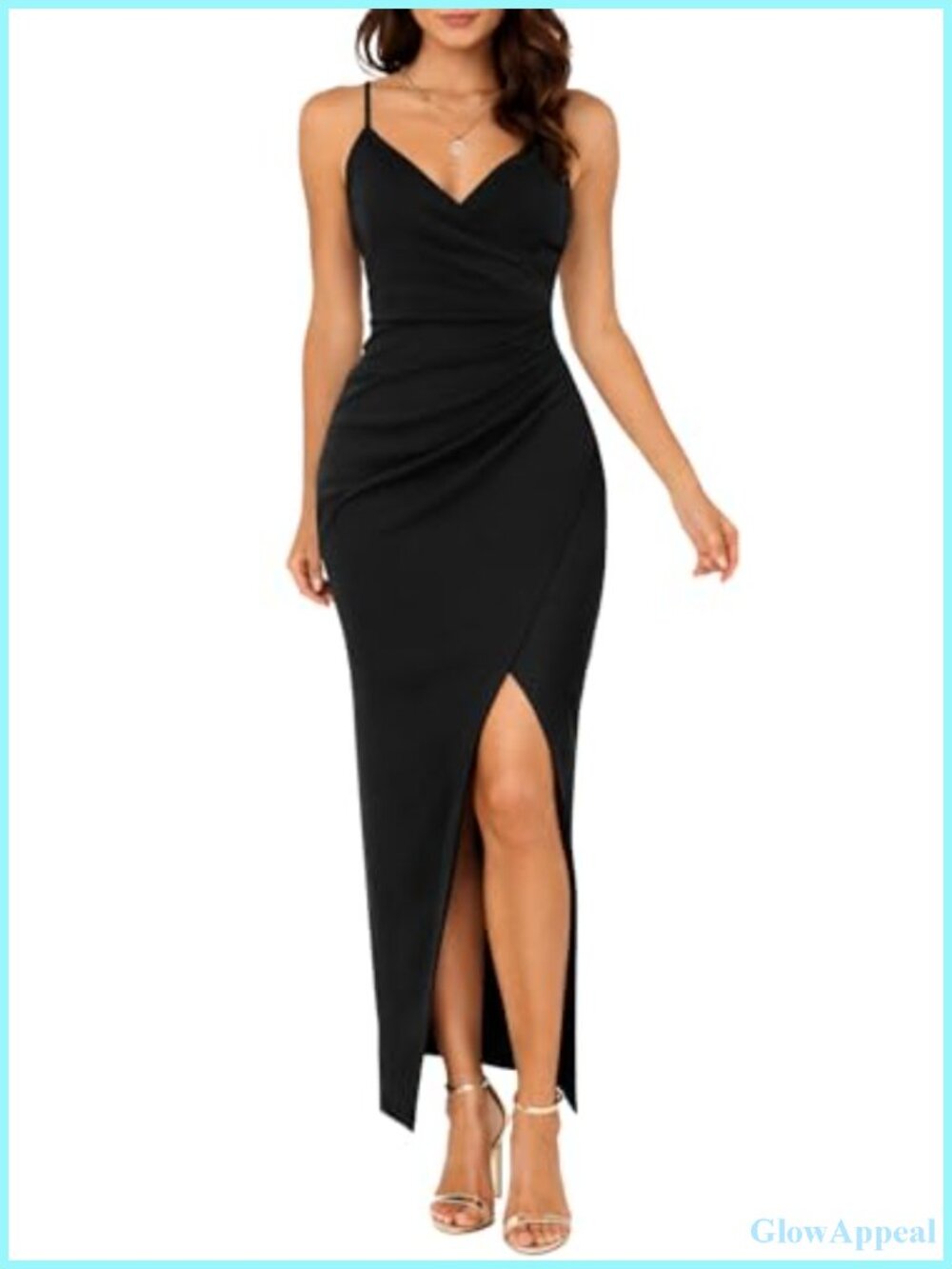 Women's V Neck Wrap Bodycon Maxi Dress Ruched Side Slit Formal Evening
